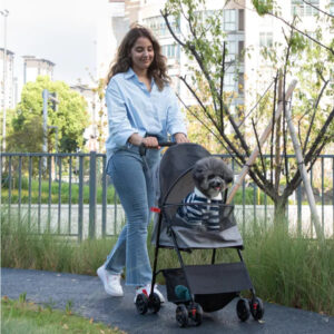 Foldable Pet Stroller for Small Dogs and Cats with Storage Basket