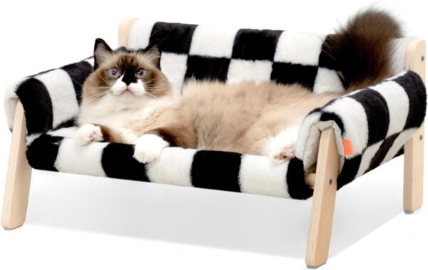 MEWOOFUN Raised Cat Sofa - 15kg Capacity, Checkerboard Cover, 56x45cm