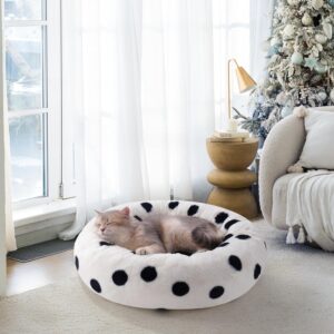 MEWOOFUN 23" Donut Cat Bed – Washable Fluffy Pet Bed, Black Dot