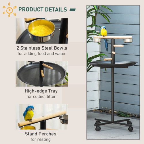 PawHut Portable Bird Play Stand with Feeder Bowls and Wheels