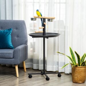 PawHut Portable Bird Play Stand with Feeder Bowls and Wheels