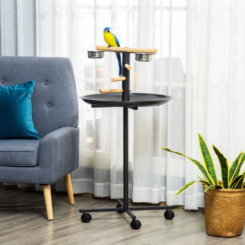 PawHut Portable Bird Play Stand with Feeder Bowls and Wheels