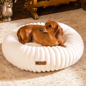 MEWOOFUN 25" Donut Dog Bed - Fluffy Calming Pet Bed, Washable, Cream