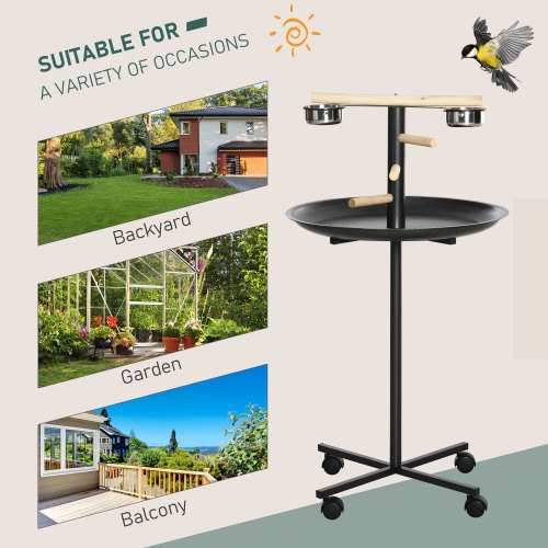 PawHut Portable Bird Play Stand with Feeder Bowls and Wheels