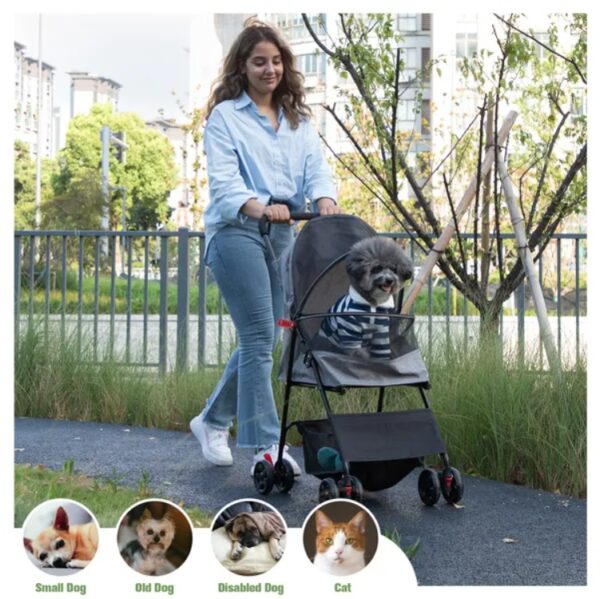 Foldable Pet Stroller for Small Dogs and Cats with Storage Basket