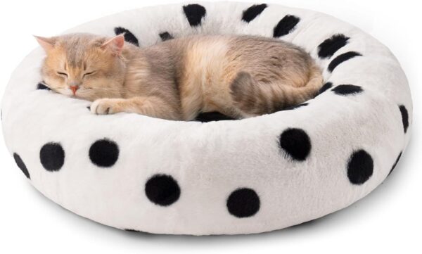MEWOOFUN 23" Donut Cat Bed – Washable Fluffy Pet Bed, Black Dot
