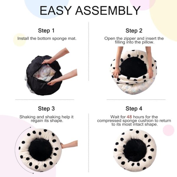 MEWOOFUN 23" Donut Cat Bed – Washable Fluffy Pet Bed, Black Dot