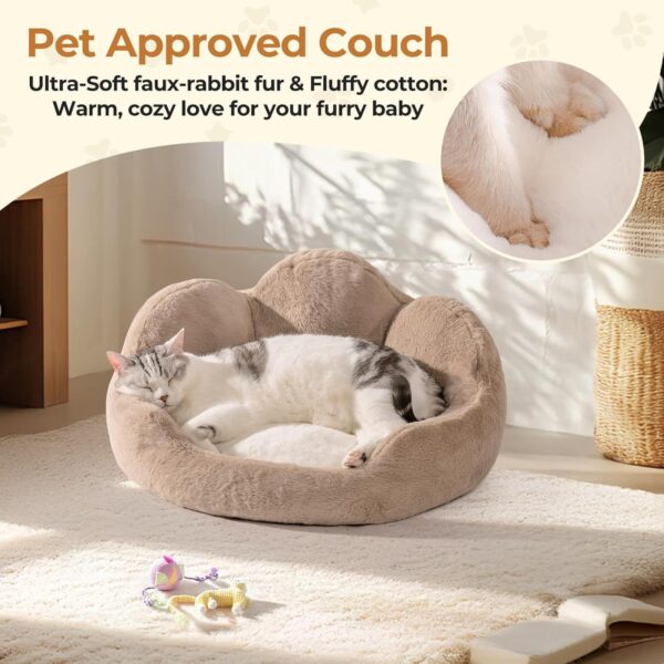 MEWOOFUN Fluffy Cat & Small Dog Bed – Washable Round Pet Couch with Non‑Slip Base (Khaki, 23”)