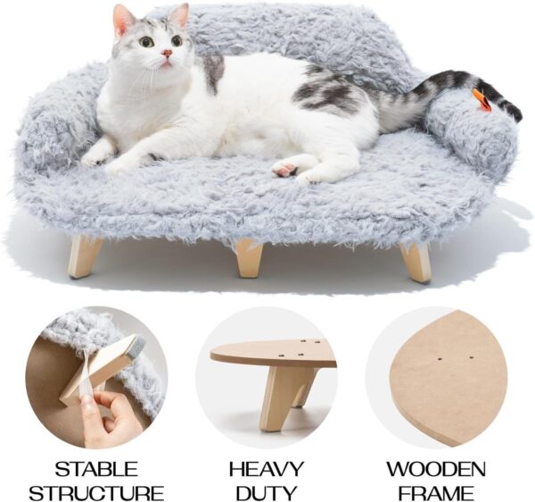 MEWOOFUN Elevated Cat Bed – Wooden Pet Sofa with Washable Cover (Grey, 26x18.3x8.5”)