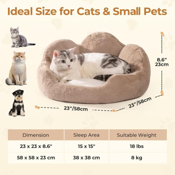 MEWOOFUN Fluffy Cat & Small Dog Bed – Washable Round Pet Couch with Non‑Slip Base (Khaki, 23”)