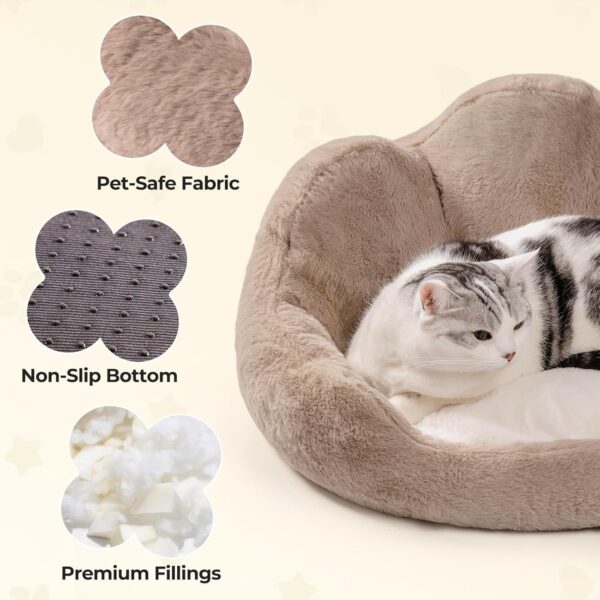 MEWOOFUN Fluffy Cat & Small Dog Bed – Washable Round Pet Couch with Non‑Slip Base (Khaki, 23”)