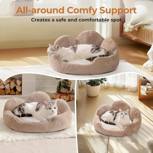 MEWOOFUN Fluffy Cat & Small Dog Bed – Washable Round Pet Couch with Non‑Slip Base (Khaki, 23”)