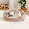 MEWOOFUN Fluffy Cat & Small Dog Bed – Washable Round Pet Couch with Non‑Slip Base (Khaki, 23”)