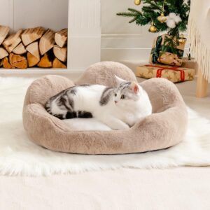 MEWOOFUN Fluffy Cat & Small Dog Bed – Washable Round Pet Couch with Non‑Slip Base (Khaki, 23”)