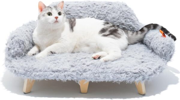 MEWOOFUN Elevated Cat Bed – Wooden Pet Sofa with Washable Cover (Grey, 26x18.3x8.5”)