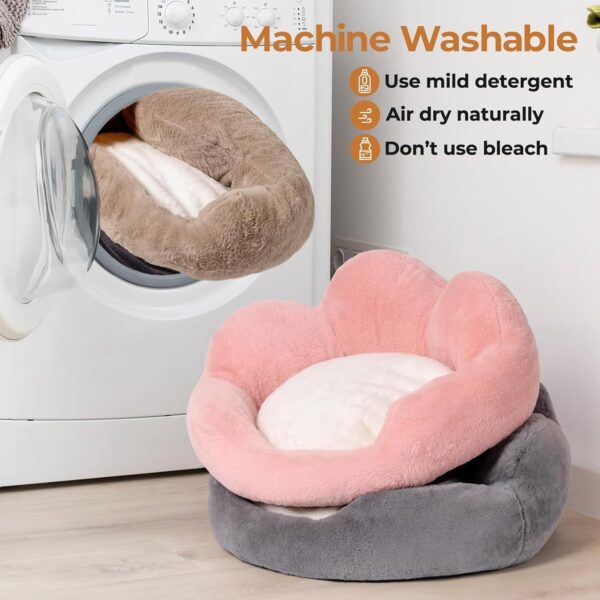 MEWOOFUN Fluffy Cat & Small Dog Bed – Washable Round Pet Couch with Non‑Slip Base (Khaki, 23”)